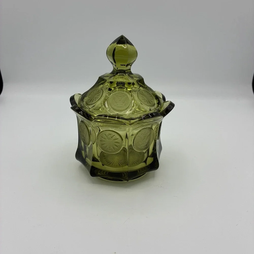 Vintage Fostoria Coin Glass Candy Dish w Lid Avocado Green Eagle 1887 Pedestal